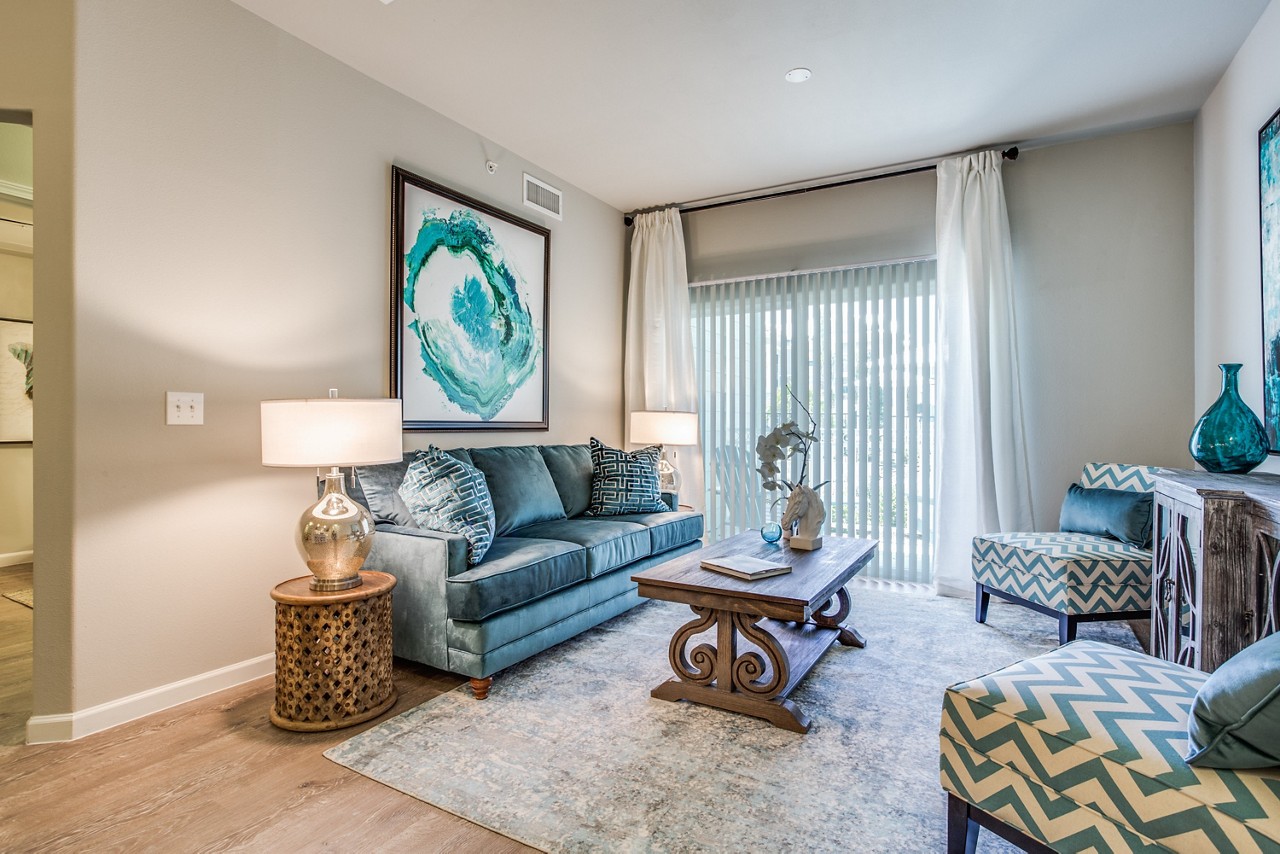 The living room interior of an Edgewater residential apartment unit