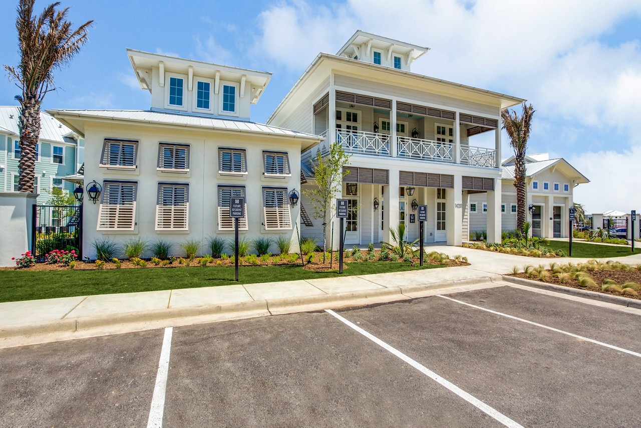 The front entrance of the Edgewater apartments
