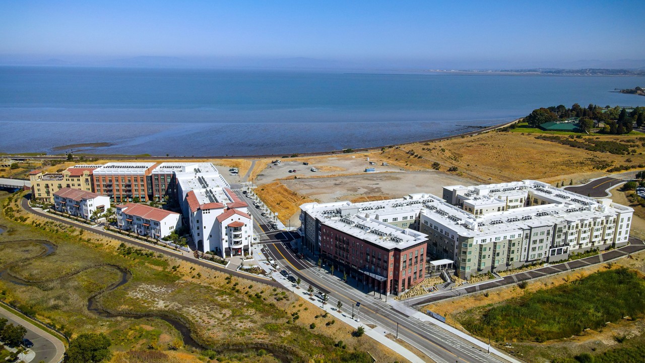 An aerial drone shot of the Hercules Bayfront Community