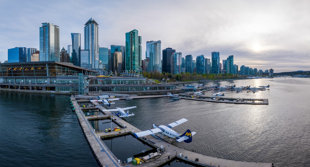 A wide angle aerial shot of the Vancouver Harbour Flight Centre