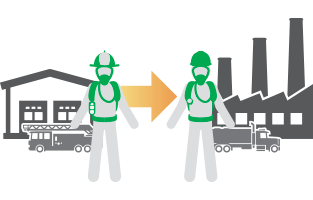 An illustration of a firefighter standing outside of a firehouse, transitioning the G1 SCBA to an industrial worker at a plant