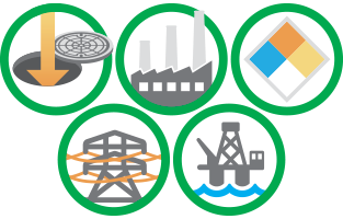 Icons of various industrial sites that the G1 can be used on, including confined spaces, an oil refinery, or utility site