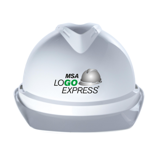White MSA hard hat with custom logo on the front