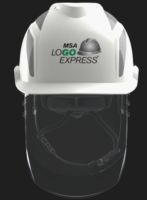 White MSA hard hat with custom logo on the front