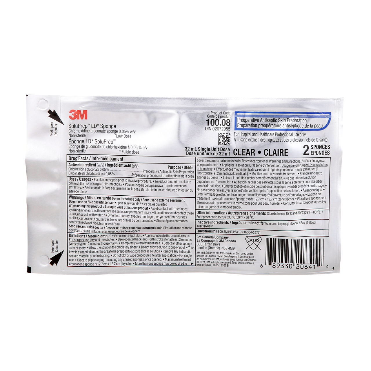3M™ SoluPrep™ LD† 2 Sponges, Clear, 0-05%CHG, 100-08