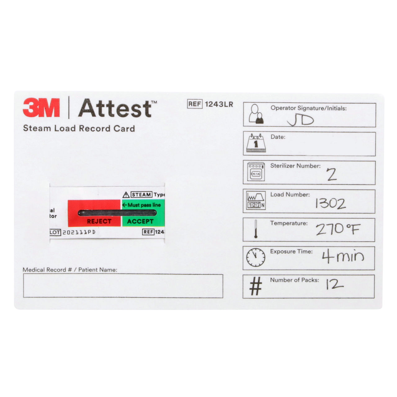 3M™ Attest™ Steam Load Record Card, 1243LR