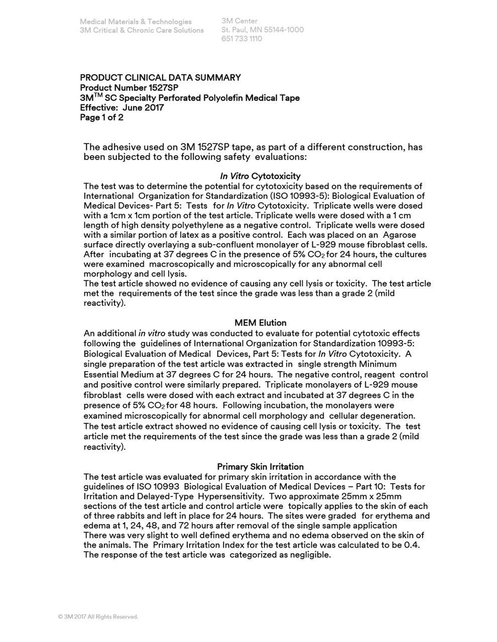 3M™ Medical Tape 1527SP, Biocompatibility Summary