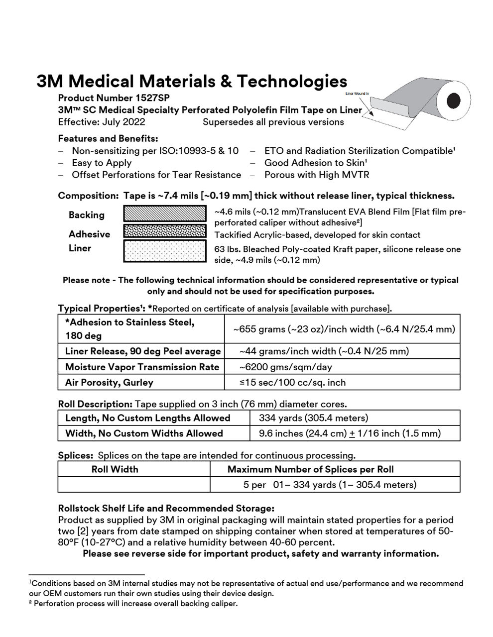 3M™ Medical Tape 1527SP, Technical Information Sheet
