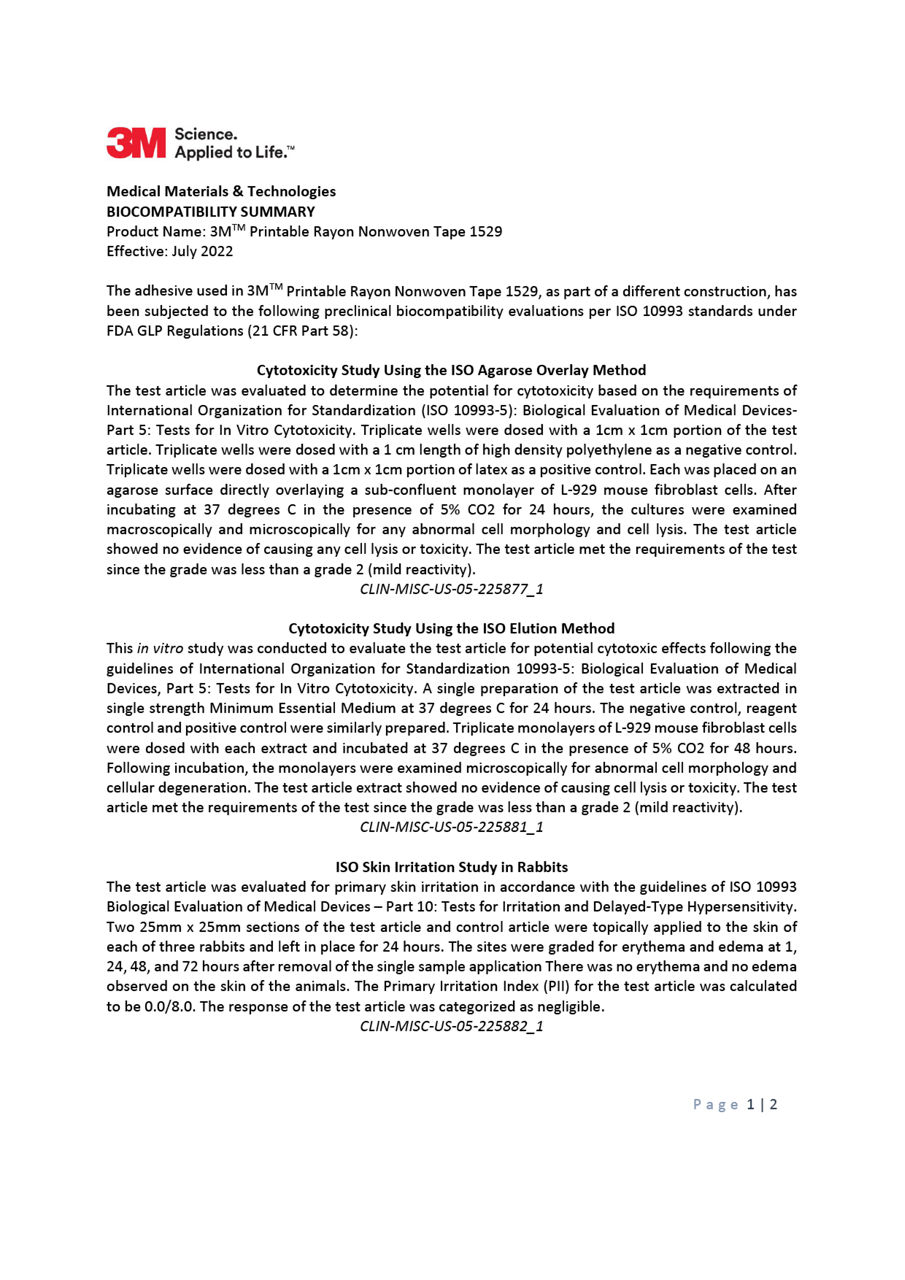 Medical Materials & Technologies BIOCOMPATIBILITY SUMMARY