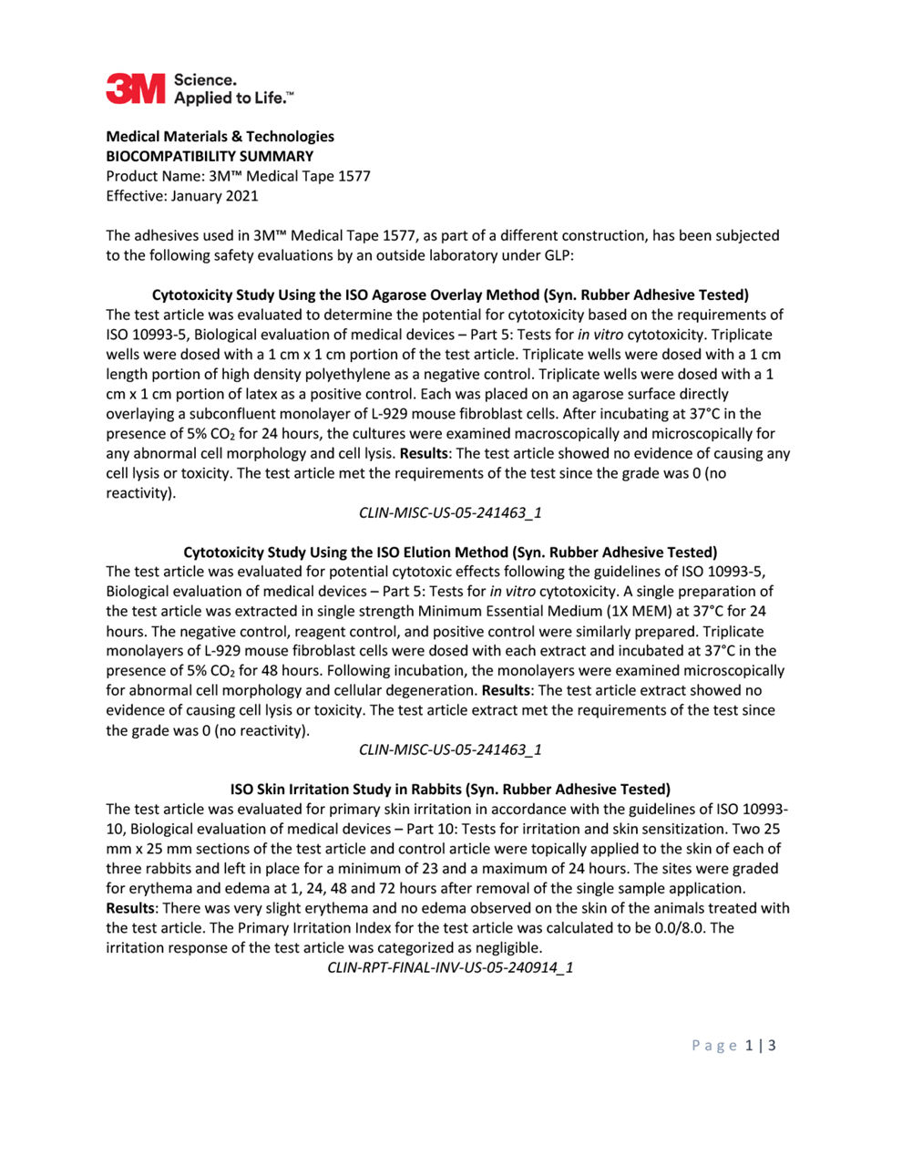 3M™ Medical Tape 1577, Biocompatibility Summary