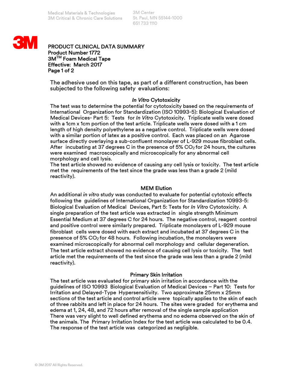 3M™ Medical Foam Tape 1772, Biocompatibility Summary