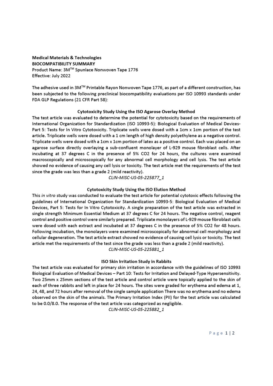 3M™ Spunlace Nonwoven Tape 1776, Clinical Summary