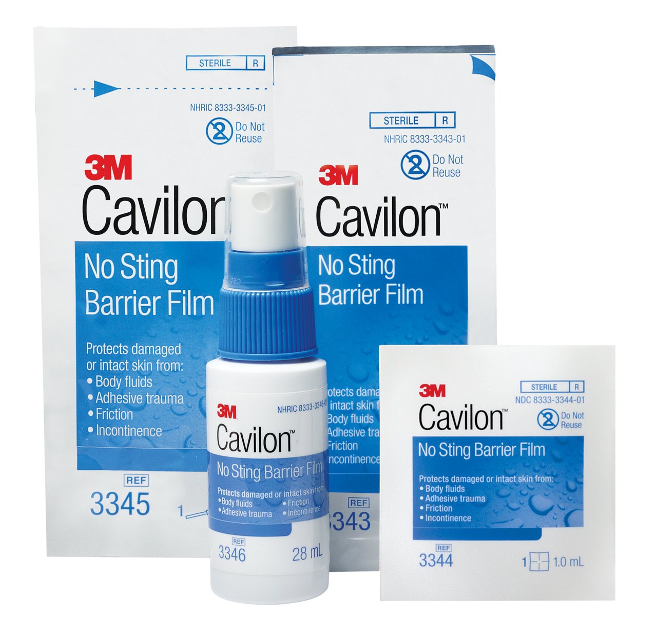 Cavilon No Sting Barrier Film Family 3343 1mL swab, 3344 1mL pad, 3345 3mL swab, 3346 28mL spray bottle, cmyk, tiff, 70-2010-9051-4, 70-2010-9232-0, 70-2010-9129-8, 70-2009-0432-7, revised 3/2013