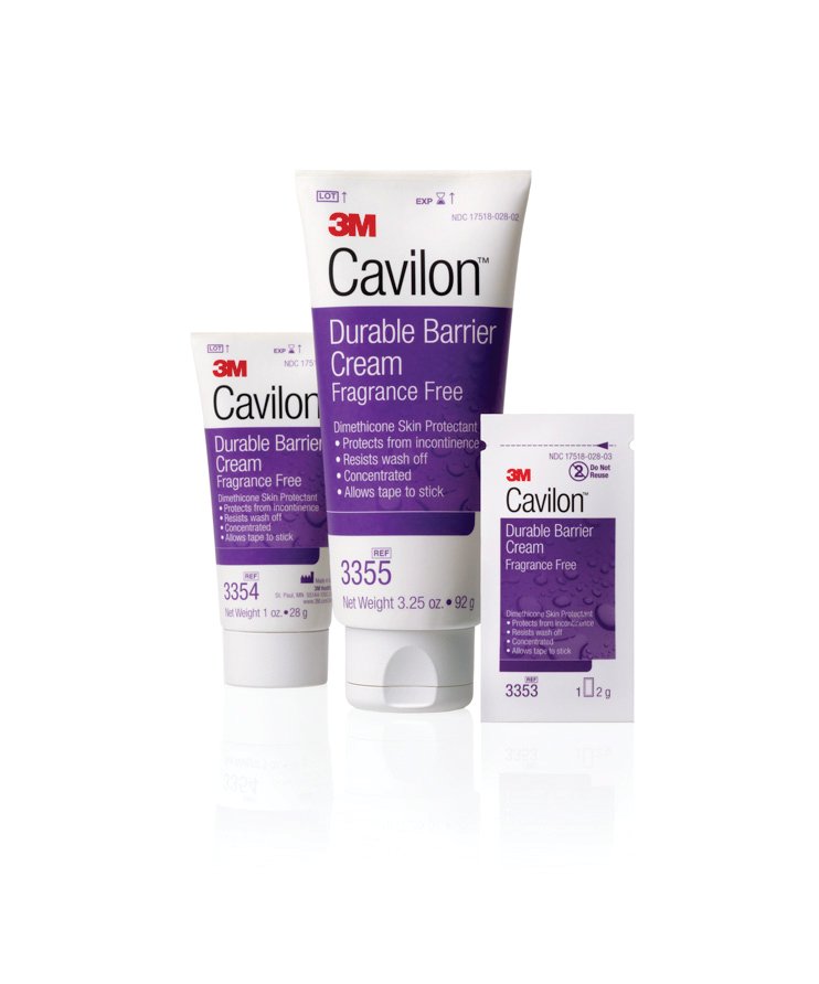Cavilon Durable Barrier Cream Fragrance Free 3353 (2g pouch), 3354 (1 oz. 28g) squeeze tube, 3355 (3.25 oz. 92g) squeeze tube, group, product photo, cmyk, tiff, 70-2010-9199-1, 70-2010-9198-3, 70-2010-9358-3