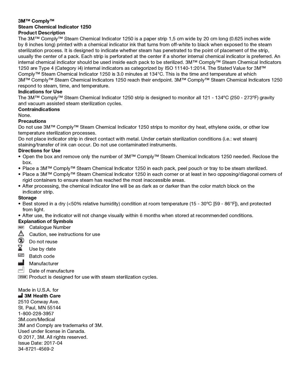 Comply Chemical Indicator Strip 1250 Package Insert, English