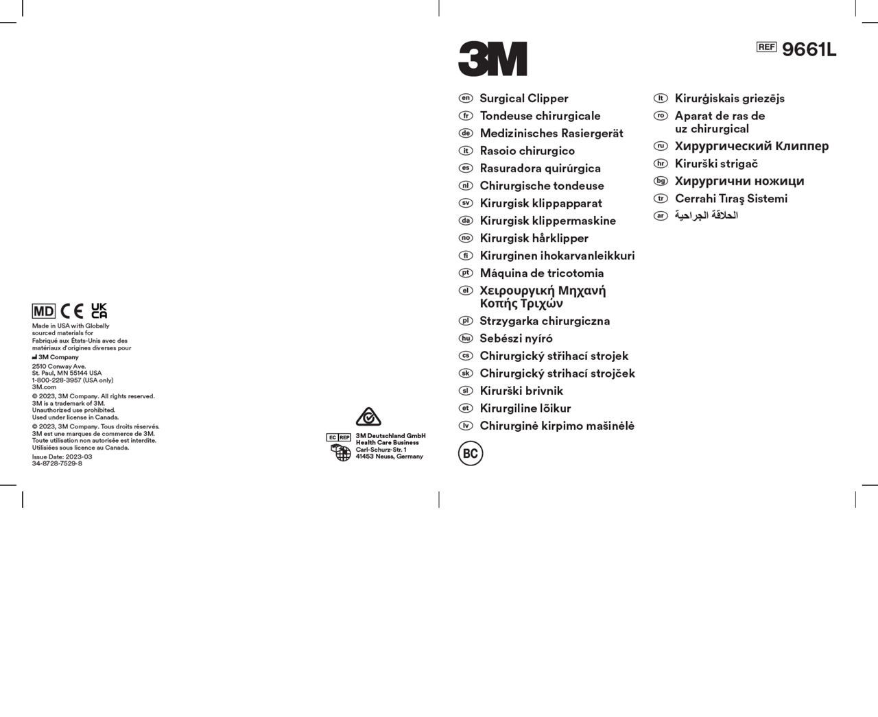 Instructions for Use - 9661L SURGICAL CLIPPER W PIVOTING HEAD