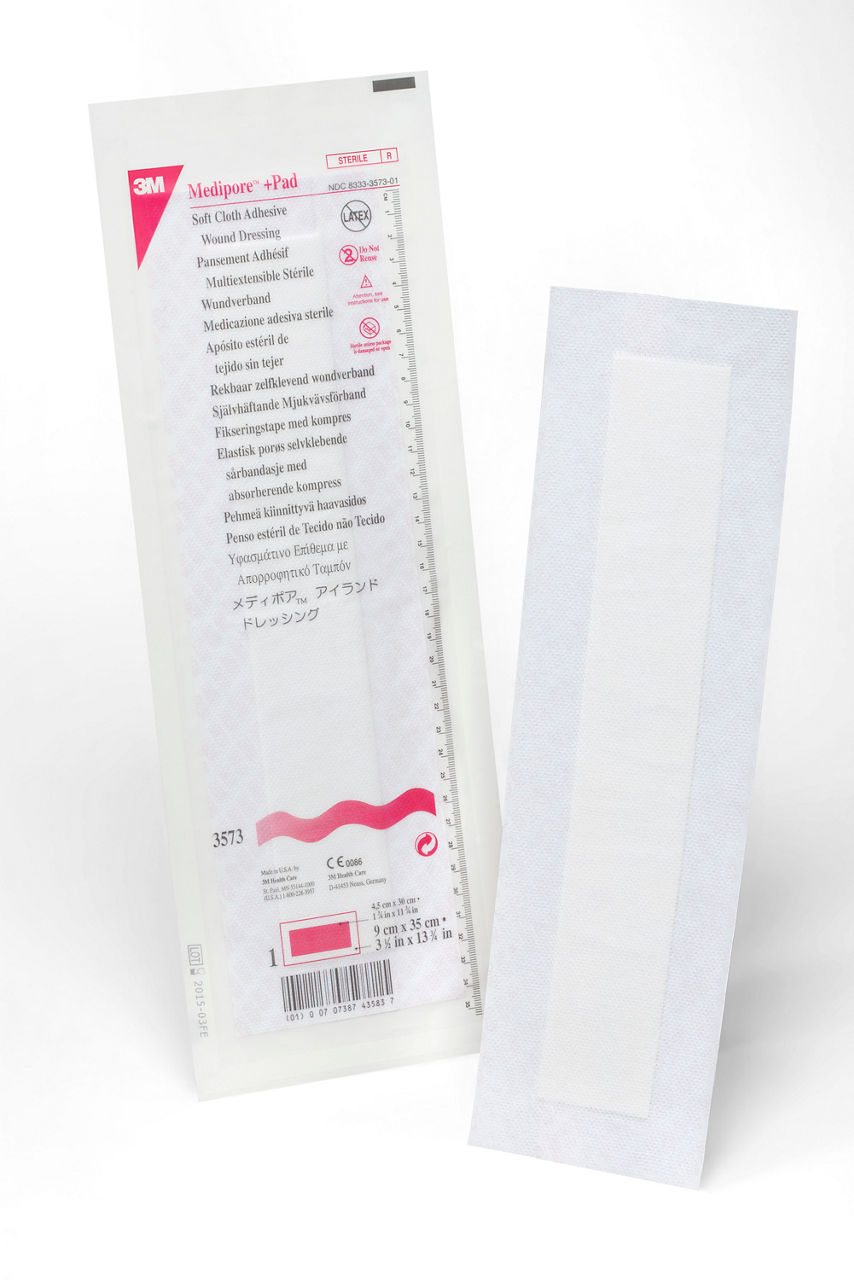 3M™ Medipore™ +Pad Soft Cloth Adhesive Wound Dressing, 3573, Dressing-3-1/2 in x 13-3/4 in, Pad- 1-3/4 in x 11-3/4 in