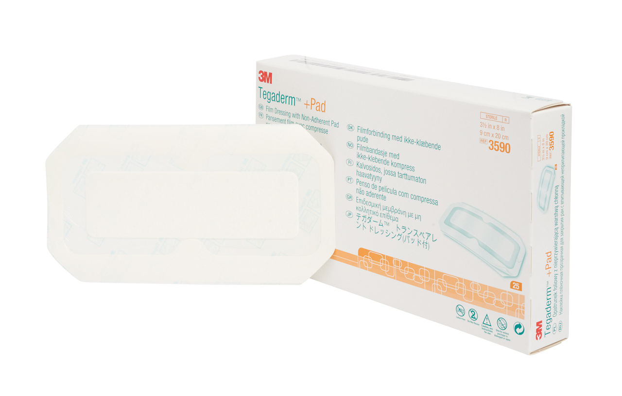 3M™ Tegaderm™ +Pad Film Dressing with Non-Adherent Pad, 3590, 3-1/2 in x8 in (9 cm x 20 cm), 25/Carton, 4 Cartons/case