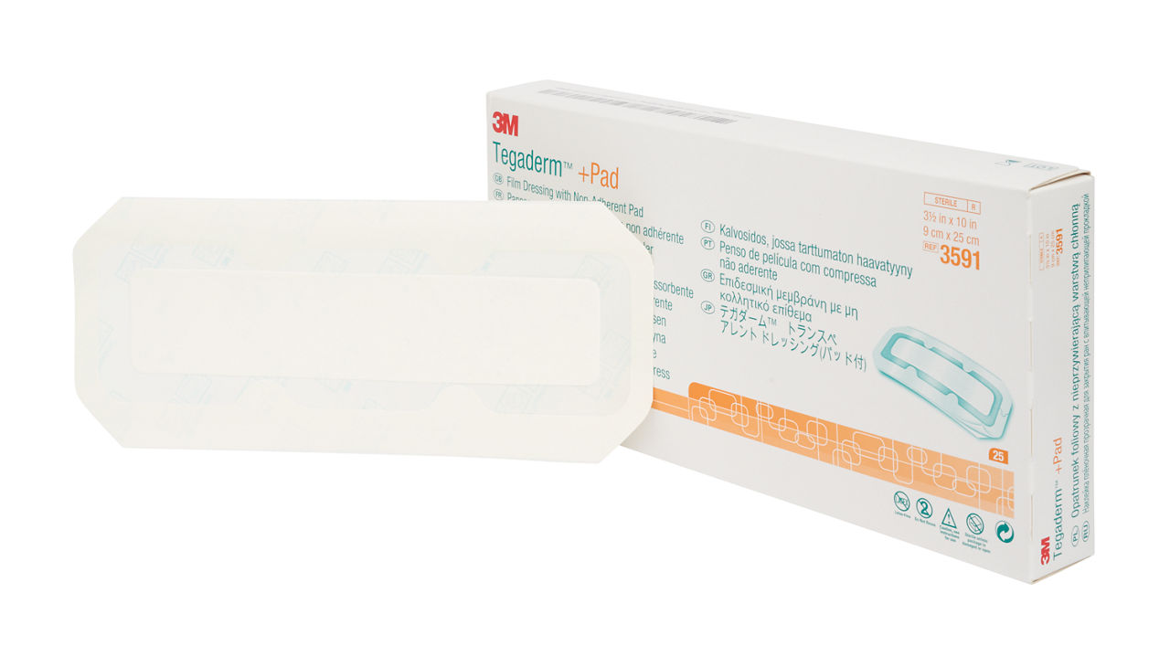 3M™ Tegaderm™ +Pad Film Dressing with Non-Adherent Pad, 3591, 3-1/2 in x10 in (9 cm x 25 cm), 25/Carton, 4 Cartons/case