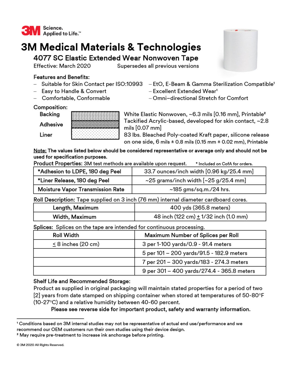 3M™ 4077 SC White Elastic Nonwoven Extended Wear Tape