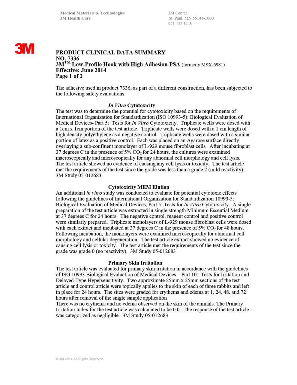 PRODUCT CLINICAL DATA SUMMARY