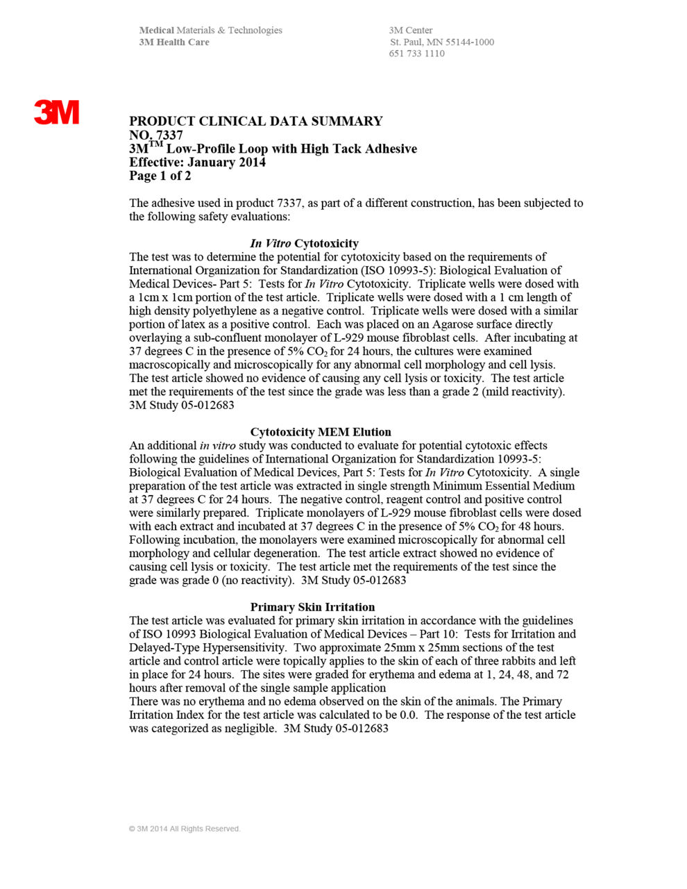 3M™ Medical Loop Fastener 7337, Biocompatibility Summary