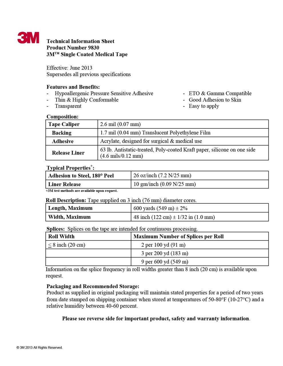 Technical Information Sheet - Product Number 9830 - 3M ™ Single Coated Medical Tape