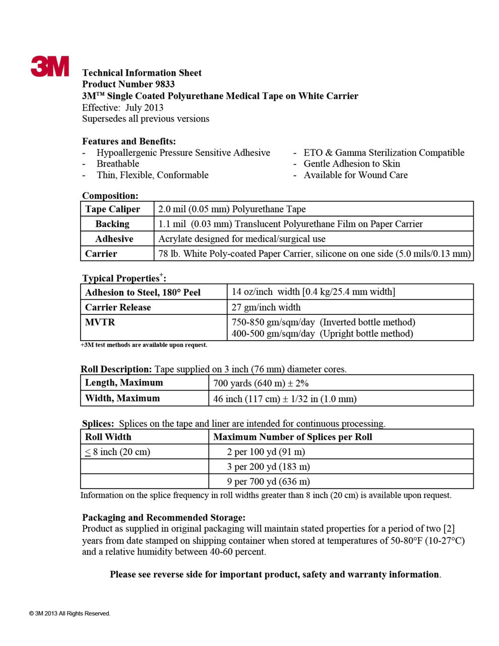 Technical Information Sheet - Product Number 9833 - 3M ™ Single Coated Polyurethane Medical Tape on White Carrier