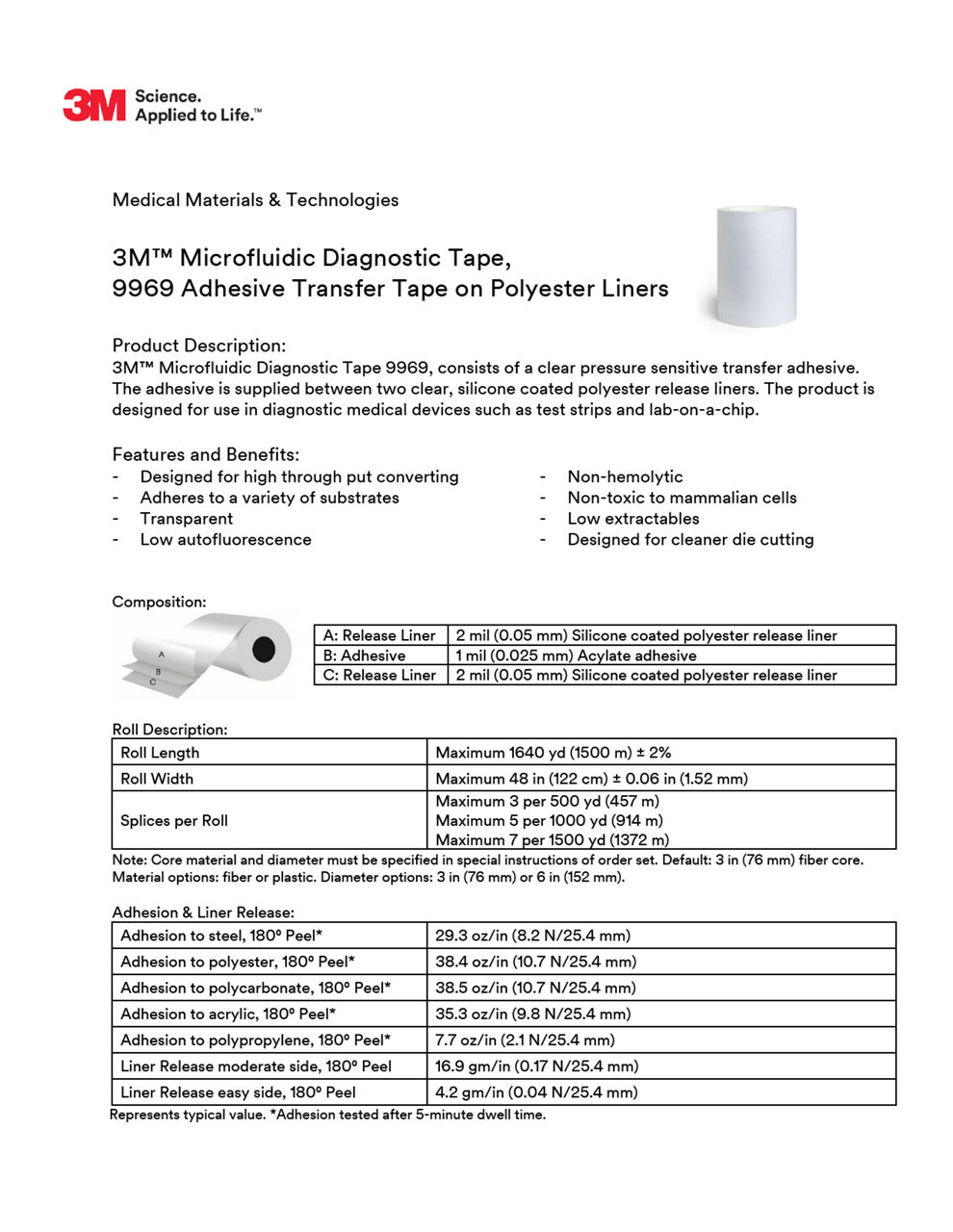 3M™ Microfluidic Diagnostic Tape, 9969 Adhesive Transfer Tape on Polyester Liners 