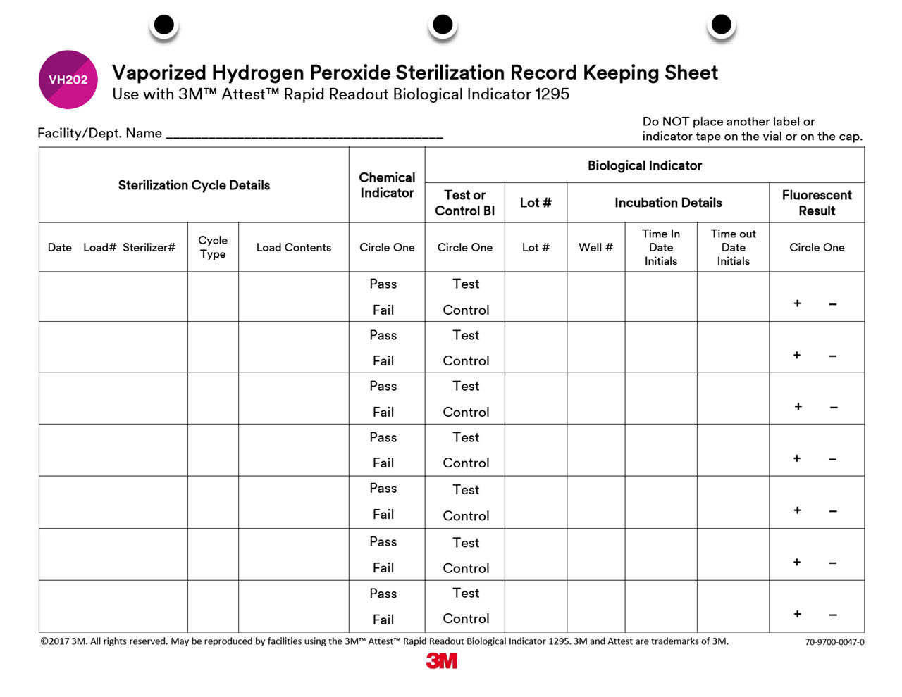 Vaporized Hydrogen Peroxide Sterilization Record Keeping Sheet 