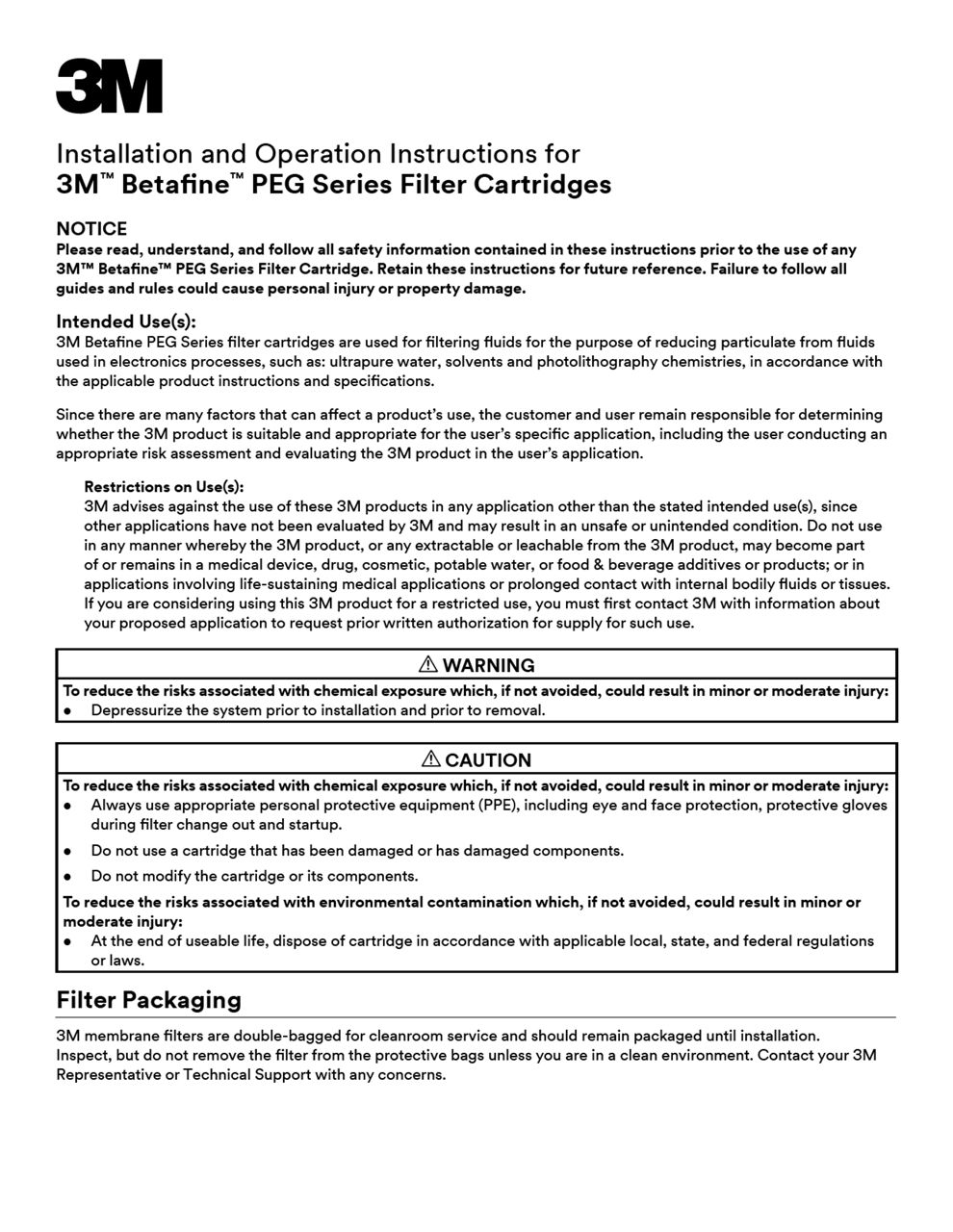 Installation and Operation Instructions for 3M™ Betafine™ PEG Series Filter Cartridges 