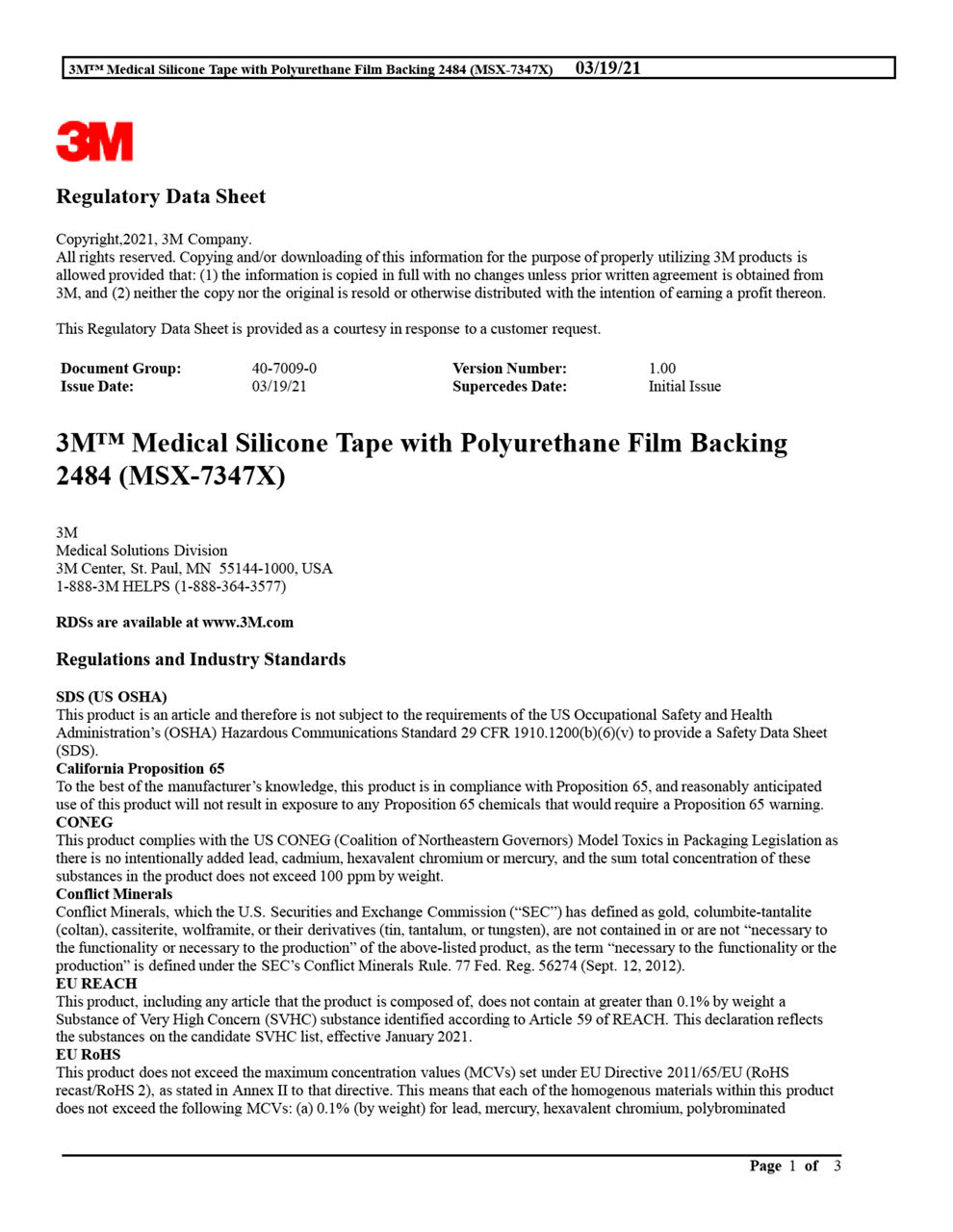 Regulatory Data Sheet
