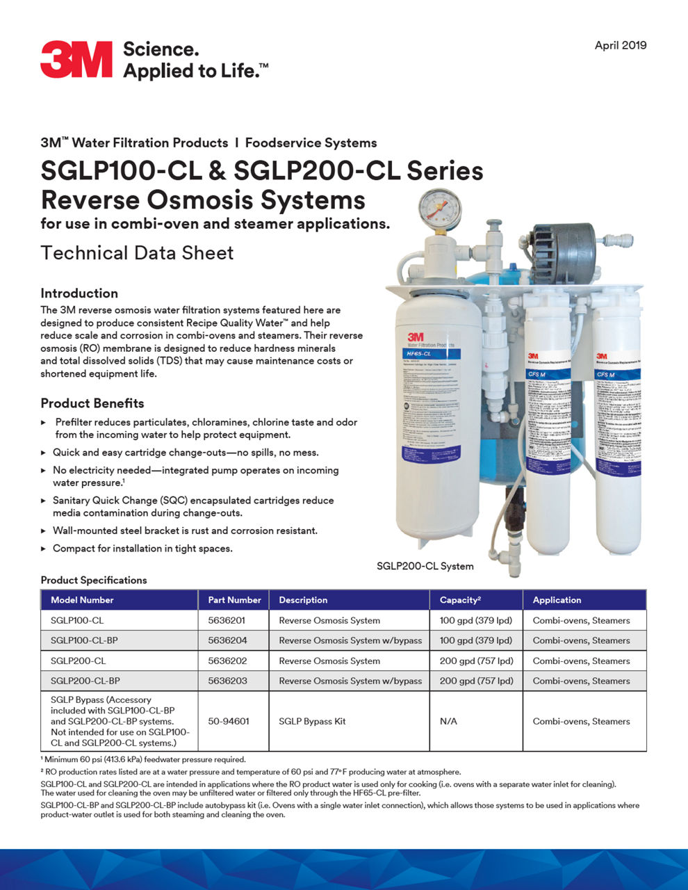 SGLP100-CL & SGLP200-CL Series Reverse Osmosis Systems for use in combi-oven and steamer applications.