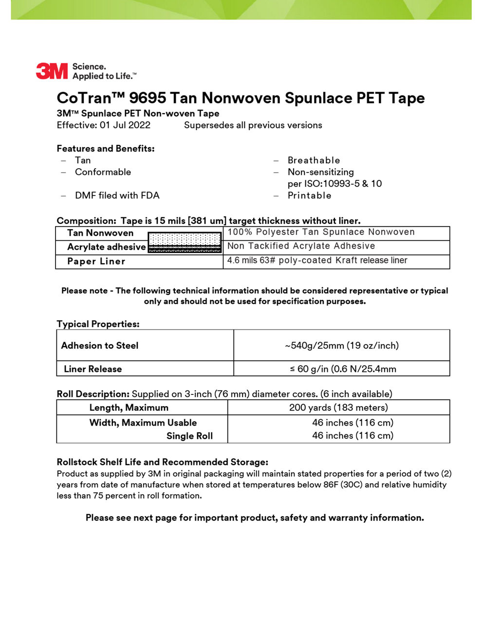 3M™ Nonwoven Polyester Tape 9695, Technical Information Sheet