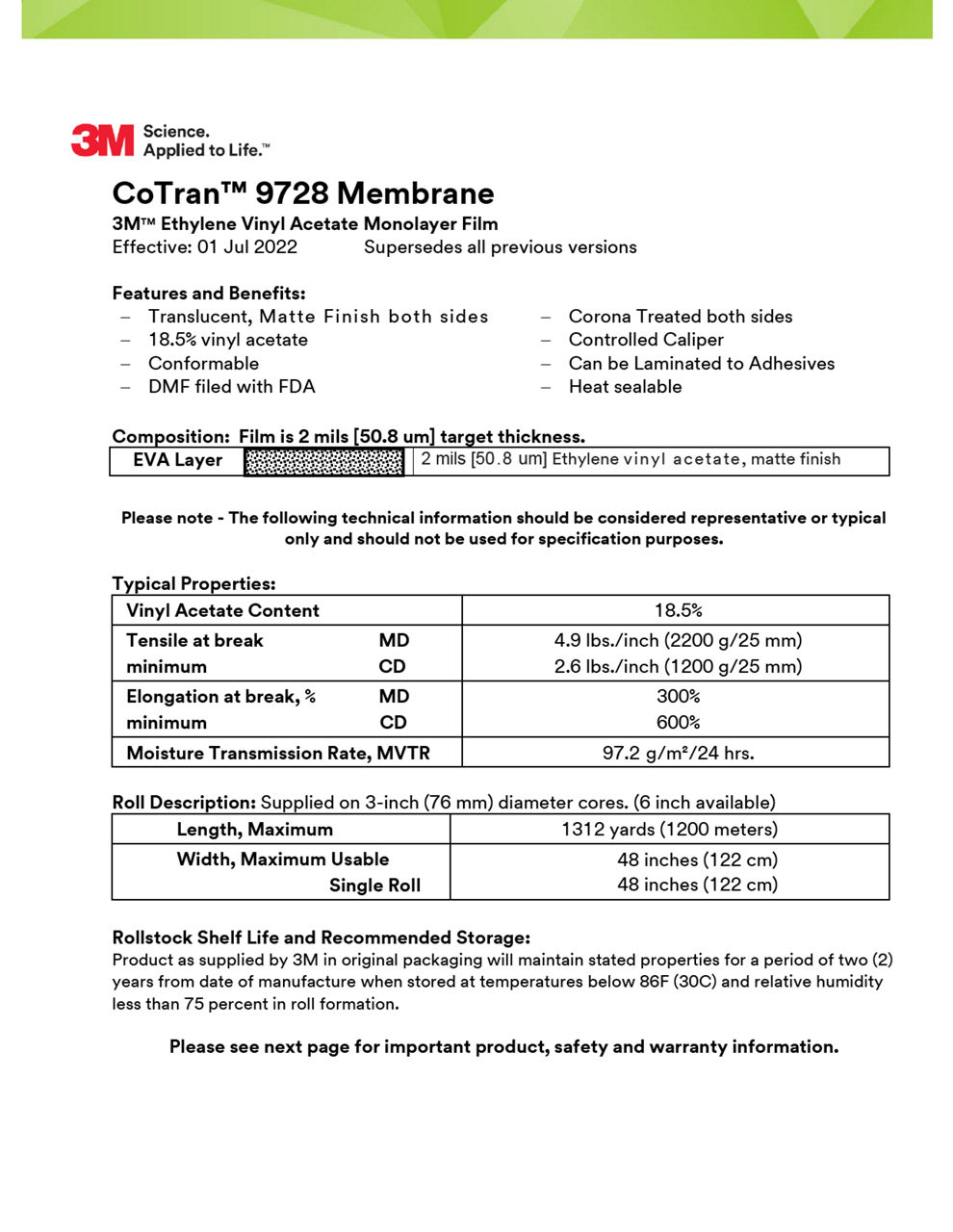 3M™ Ethylene Vinyl Acetate Membrane Film 9728, Technical Information Sheet