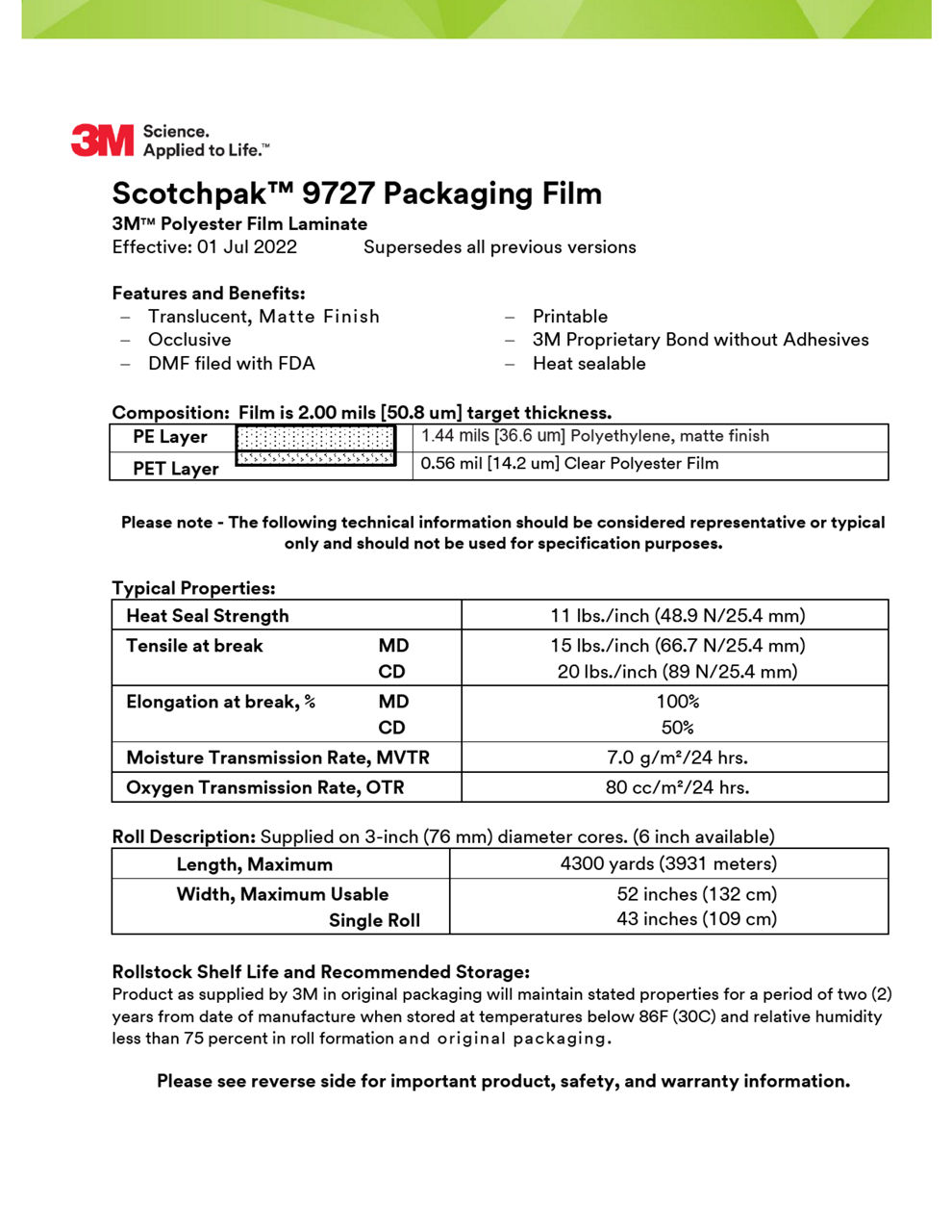 3M™ Polyester Packaging Film Laminate 9727, Technical Information Sheet