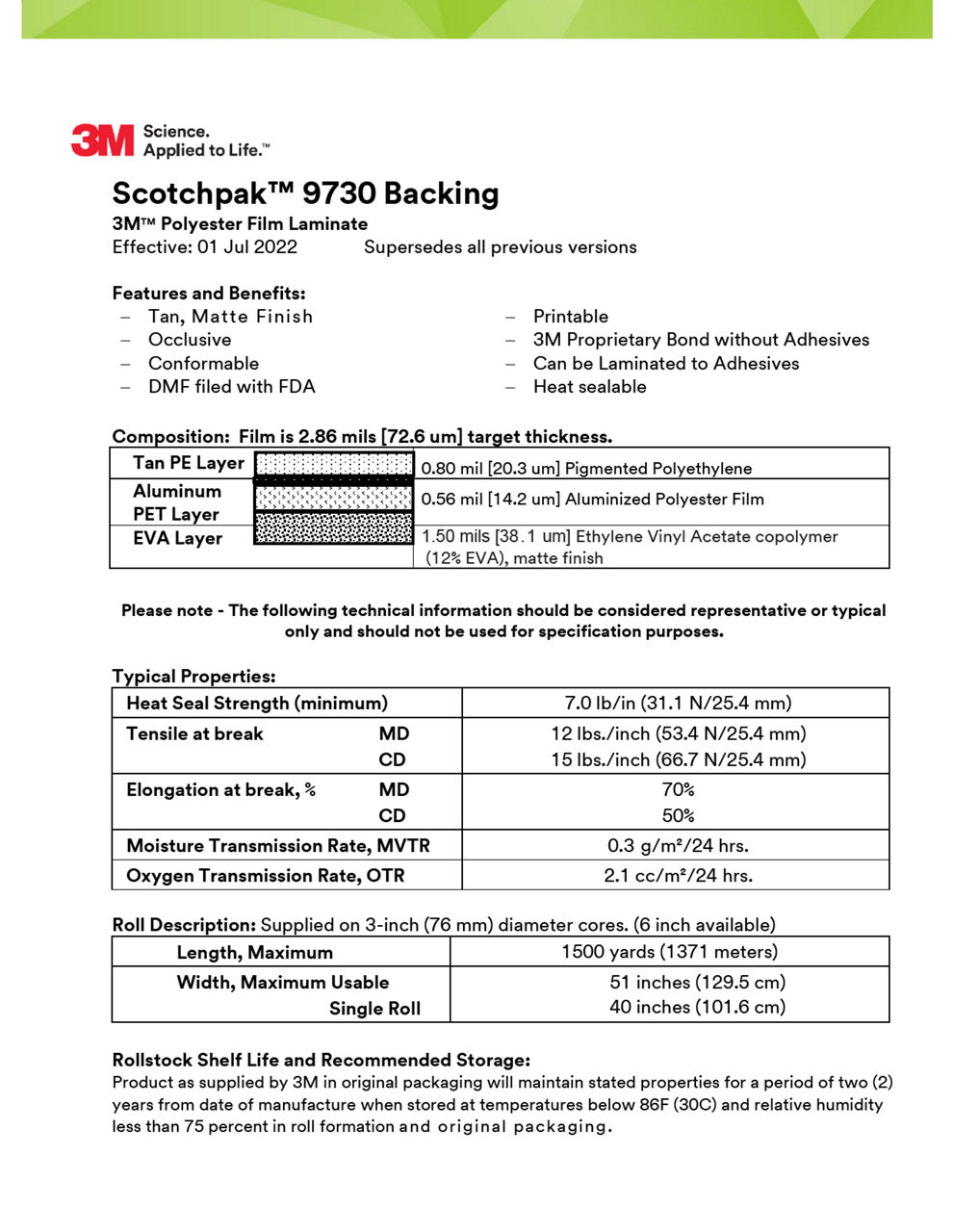 3M™ Polyester Backing Film Laminate 9730, Technical Information Sheet