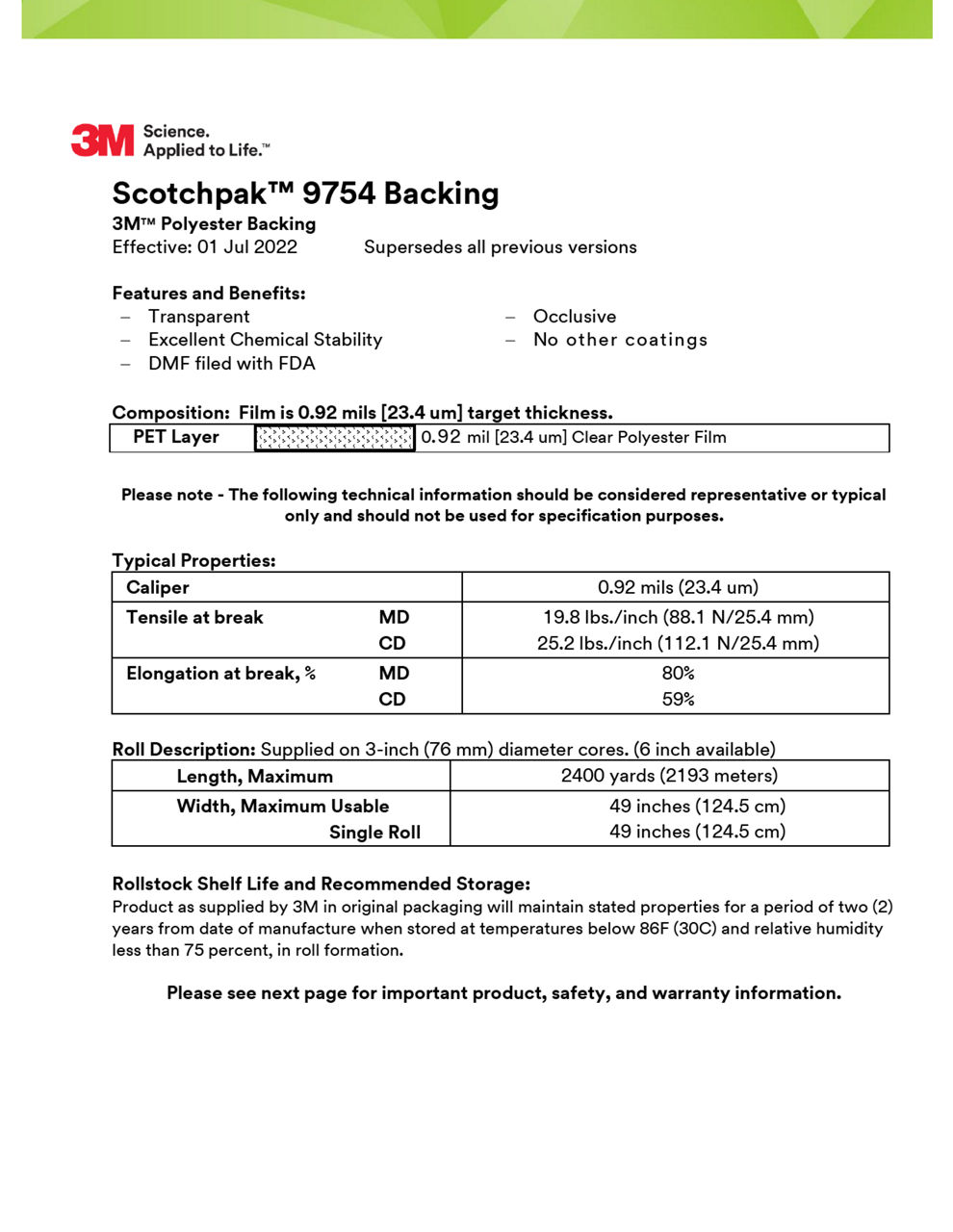 3M™ Polyester Backing Film Laminate 9754, Technical Information Sheet