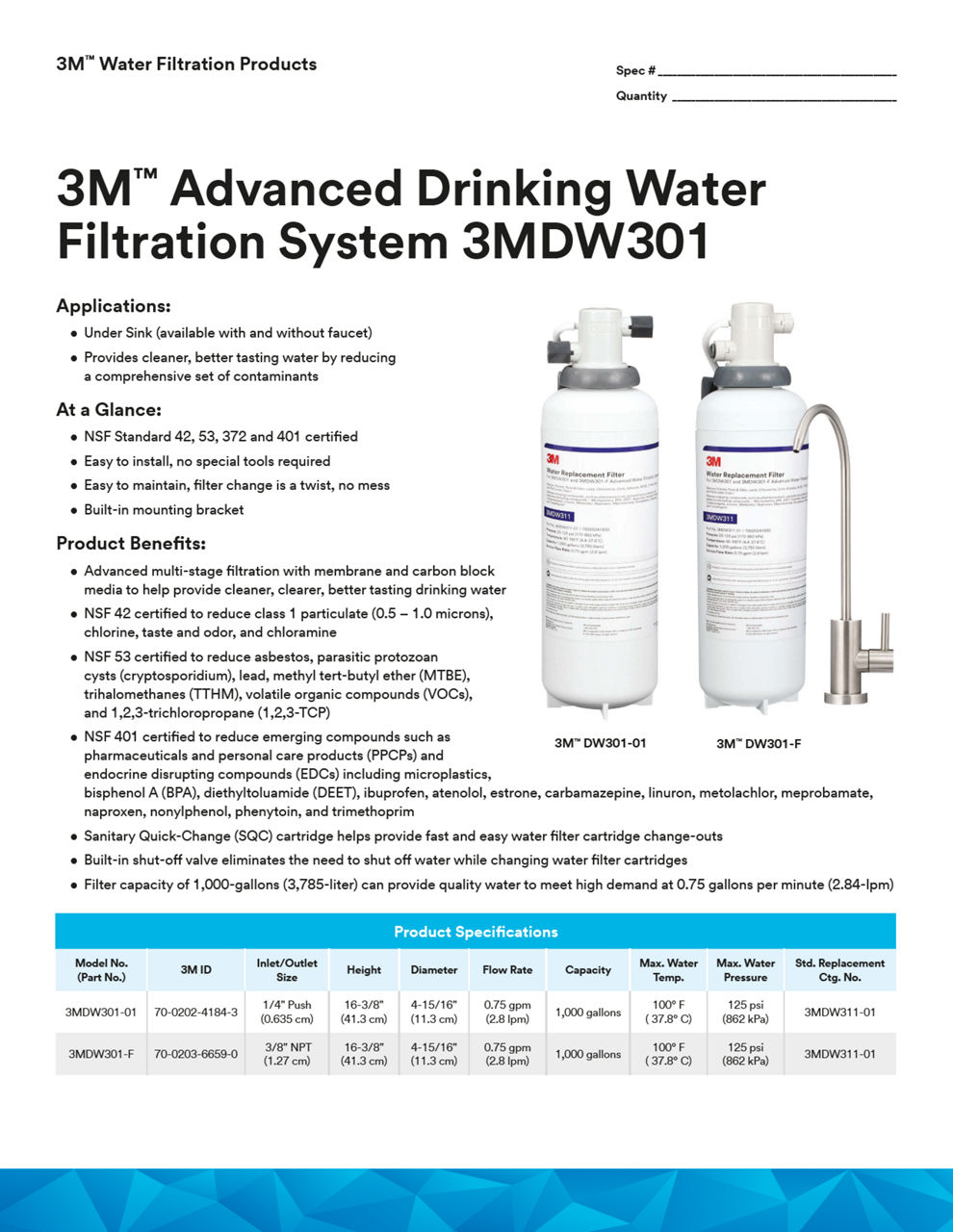 3M™ Advanced Drinking Water Filtration System 3MDW301 Data Sheet