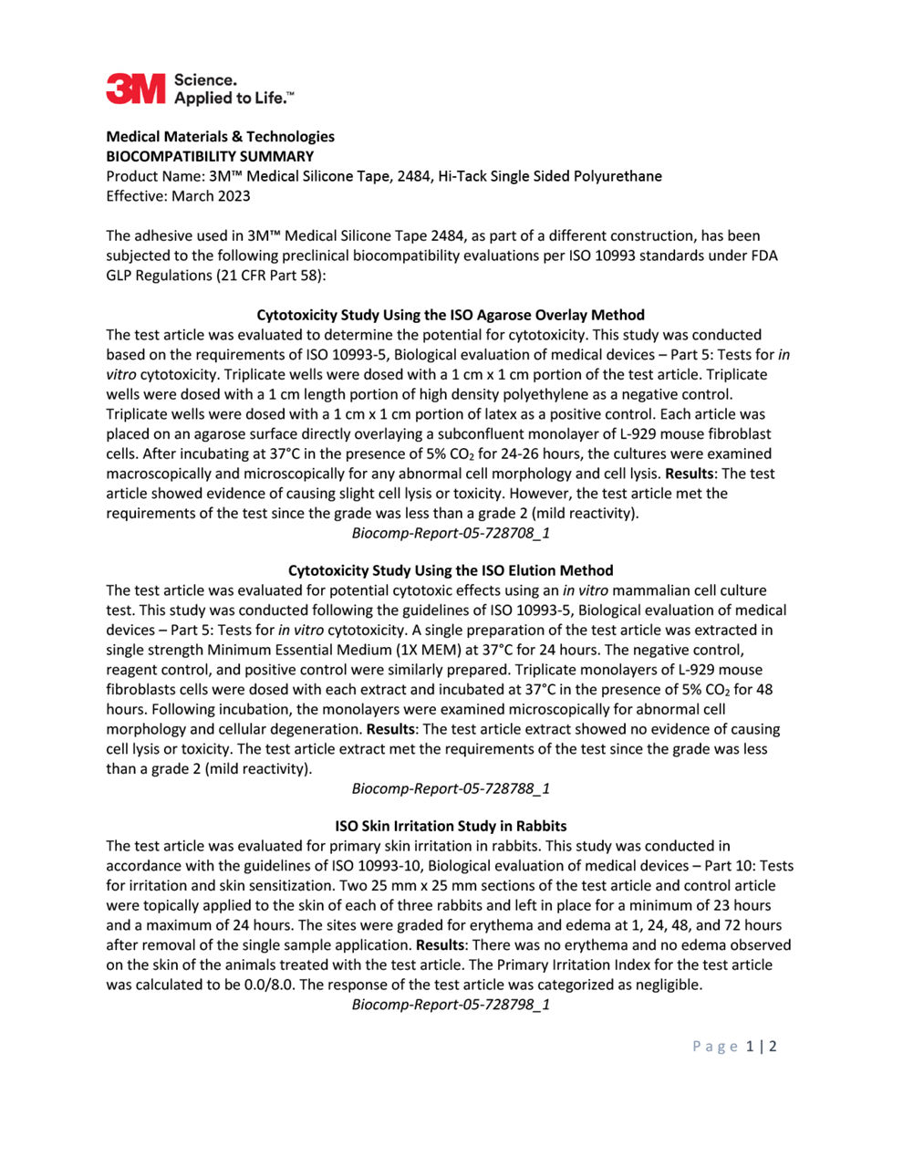 3M™ Medical Silicone Tape 2484, Biocompatibility Summary