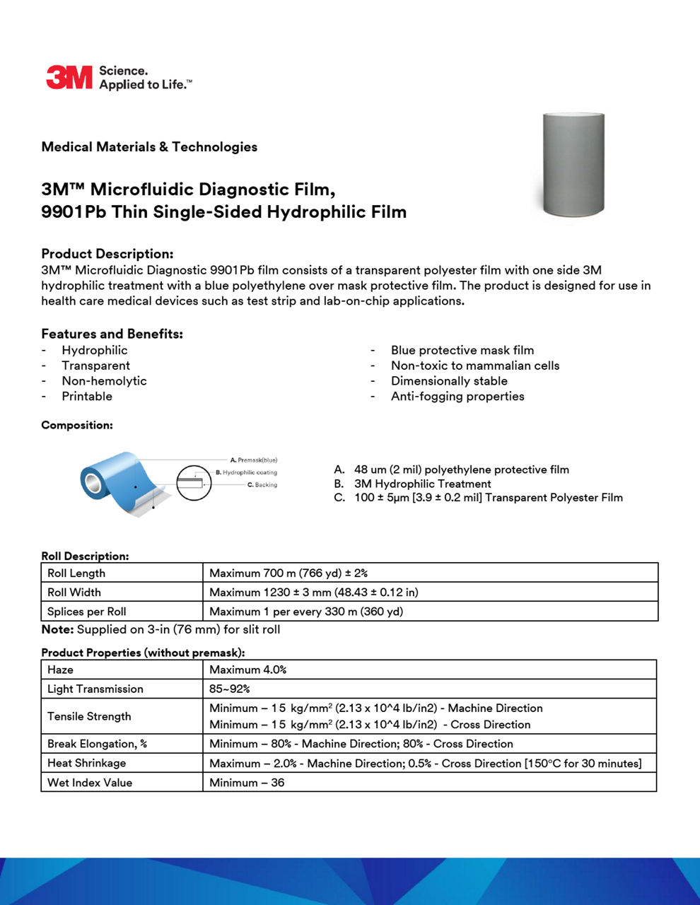 3M™ Microfluidic Diagnostic Film, 9901Pb Thin Single-Sided Hydrophilic Film