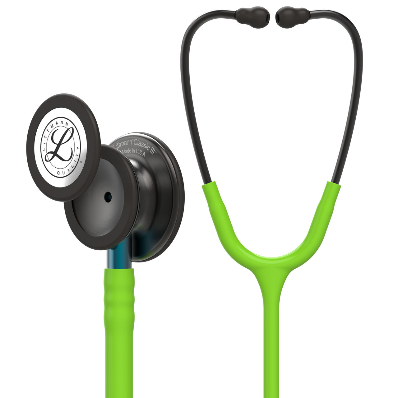 3M™ Littmann® Classic III™ Monitoring Stethoscope, 5875, Smoke Chestpiece, Lime Green Tube, Blue Stem