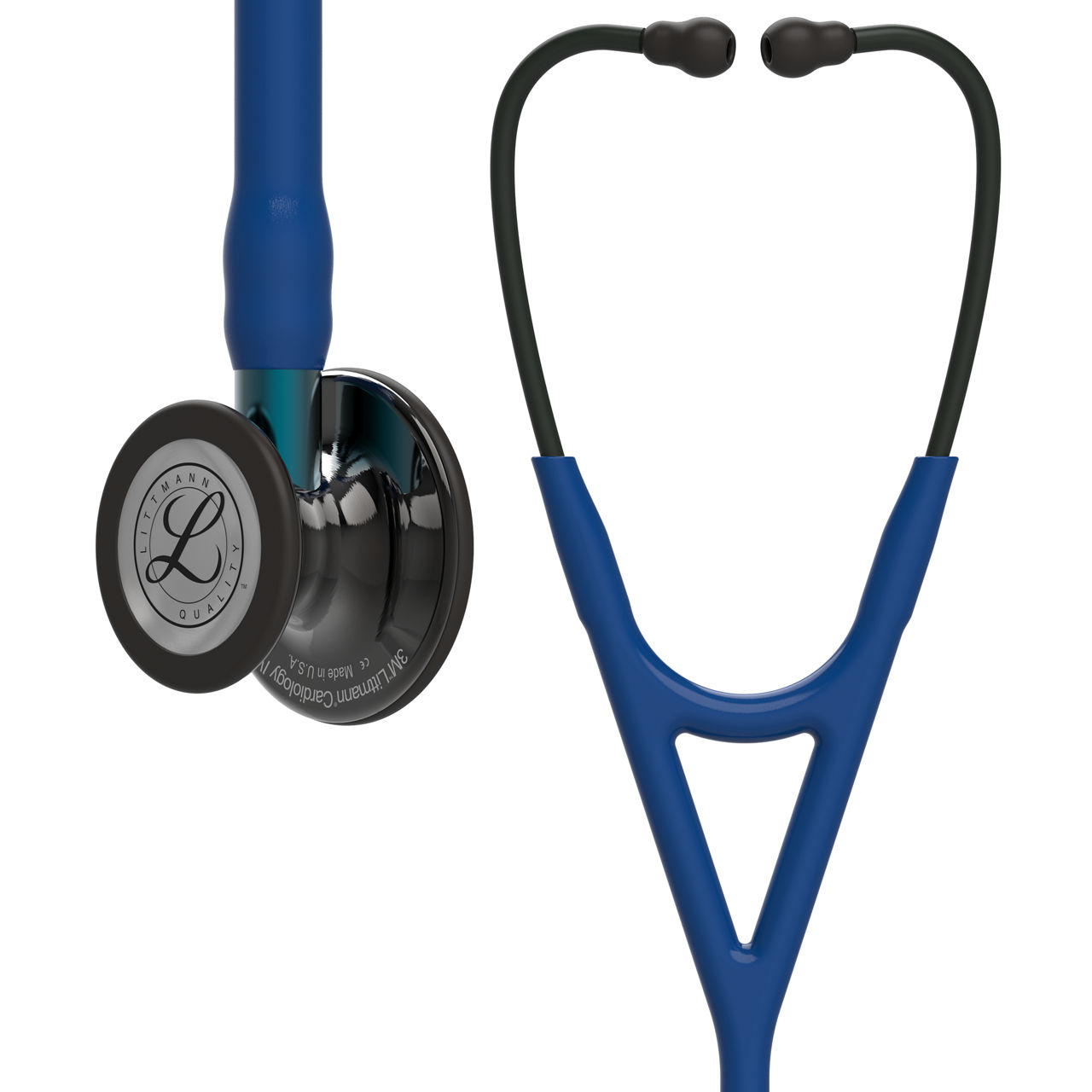 Stetoscopio diagnostico 3M™ Littmann® Cardiology IV™, testina con finitura altamente lucidata nerofumo, tubo auricolare blu navy, connettore blu e archetto nero, 69 cm, 6202