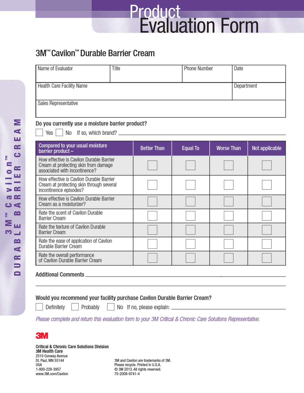 3M™ Cavilon™ Durable Barrier Cream Evaluation Form