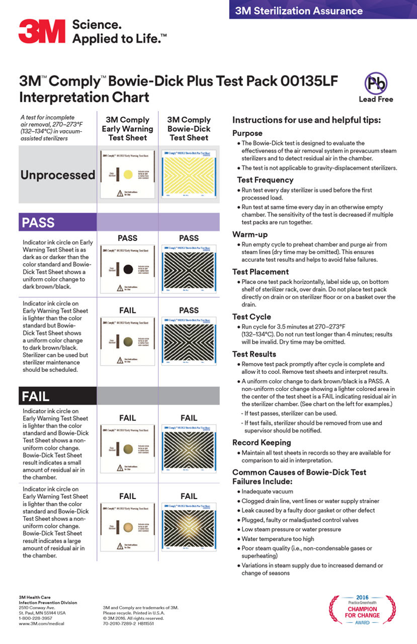 3M™ Comply™ Bowie-Dick Plus Test Pack 00135LF Interpretation Chart