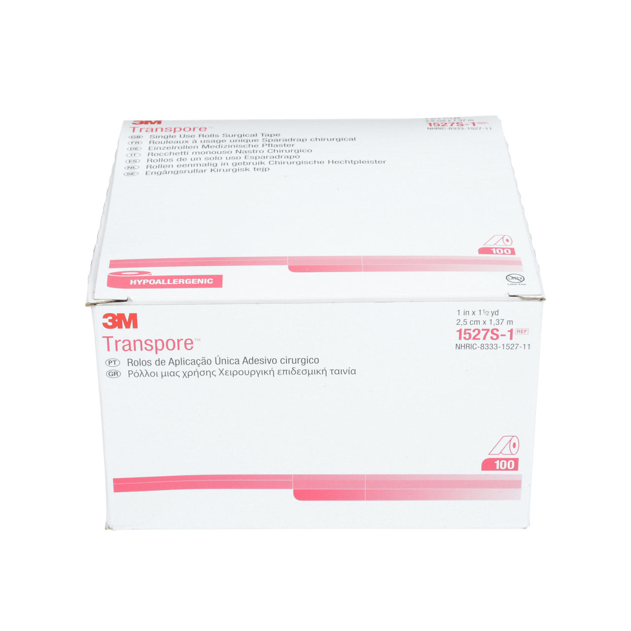3M™ Transpore™ Surgical Tape, single-patient use roll 1527S-1, 1 inch x1 1/2 yard (2,5cm x 1,37m), 100 rolls/box