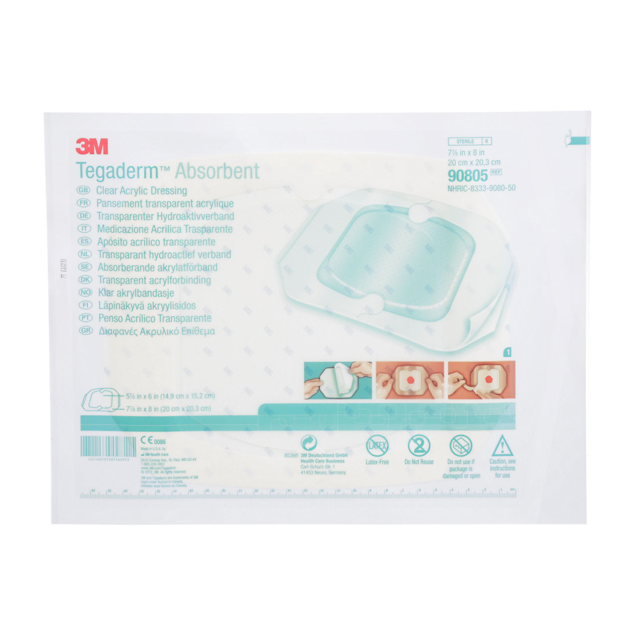 3M Tegaderm Absorbent Clear Acrylic Dressing, 90805, large squre