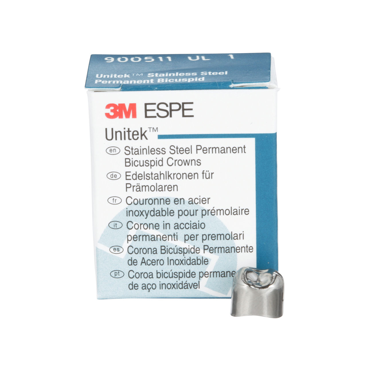 3M™ Unitek™ Stainless Steel Permanent Bicuspid Crowns, 900511, UpperLeft First Bicuspid, Size 1, 5 Crowns