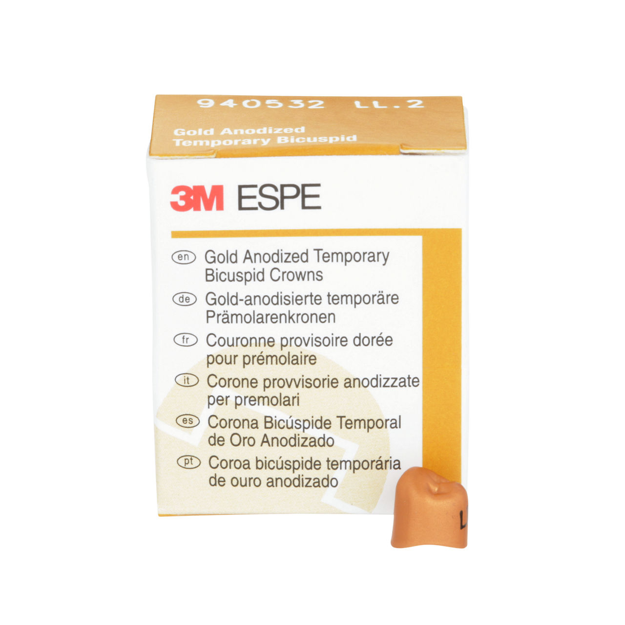 3M™ Gold Anodized Temporary Bicuspid Crowns, 940532, Lower Left FirstBicuspid, Size 2 , 5 Crowns