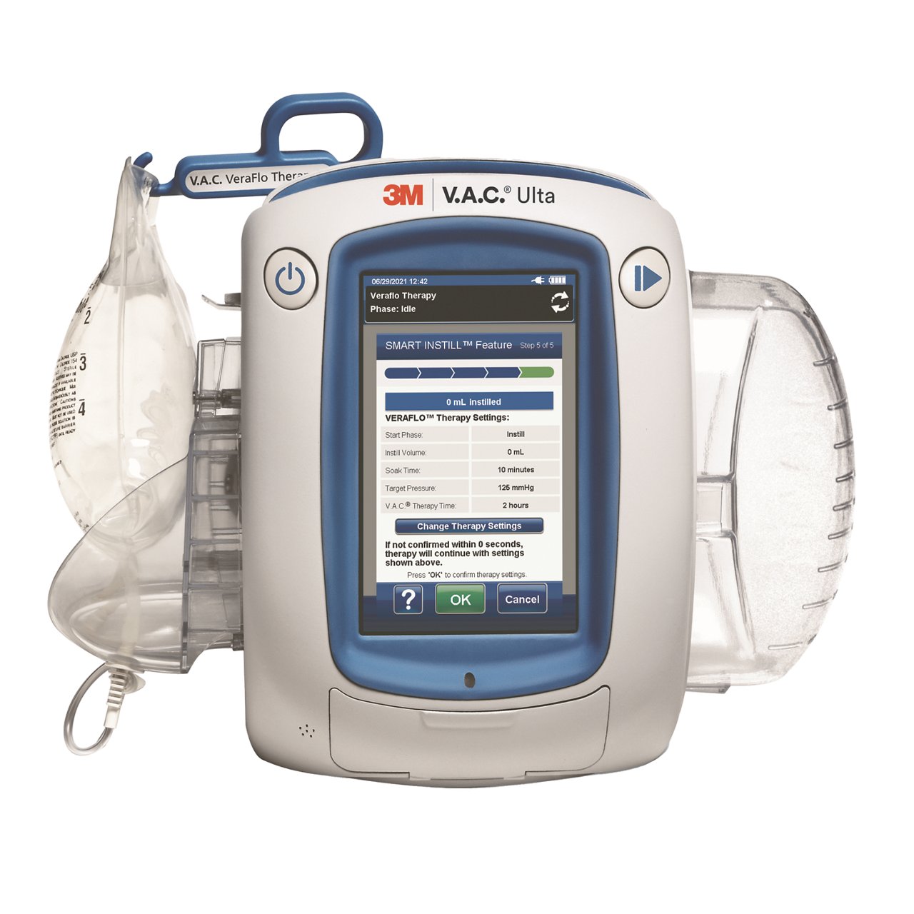 3M™ V.A.C.® Ulta 4 Therapy Unit, with saline bag, 3M logo, screen on Smart Instill™ Feature, 70-2013-1404-7, CA-EN-70-2013-1404-7, CA_EN_70-2013-1404-7, 70-2013-1405-4, CA-EN-70-2013-1405-4, 70-2013-1573-9, PRA-PM-US-02607